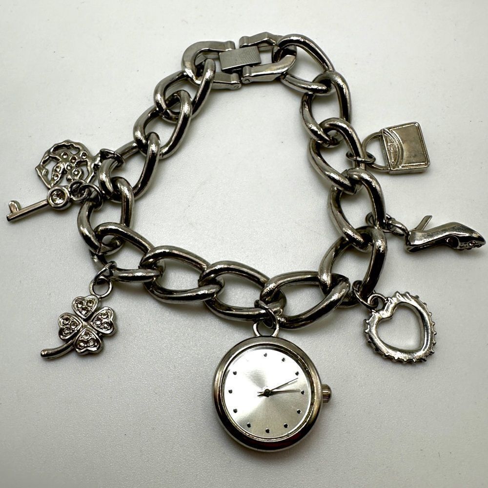 8" silver tone charm‎ bracelet with watch charm!